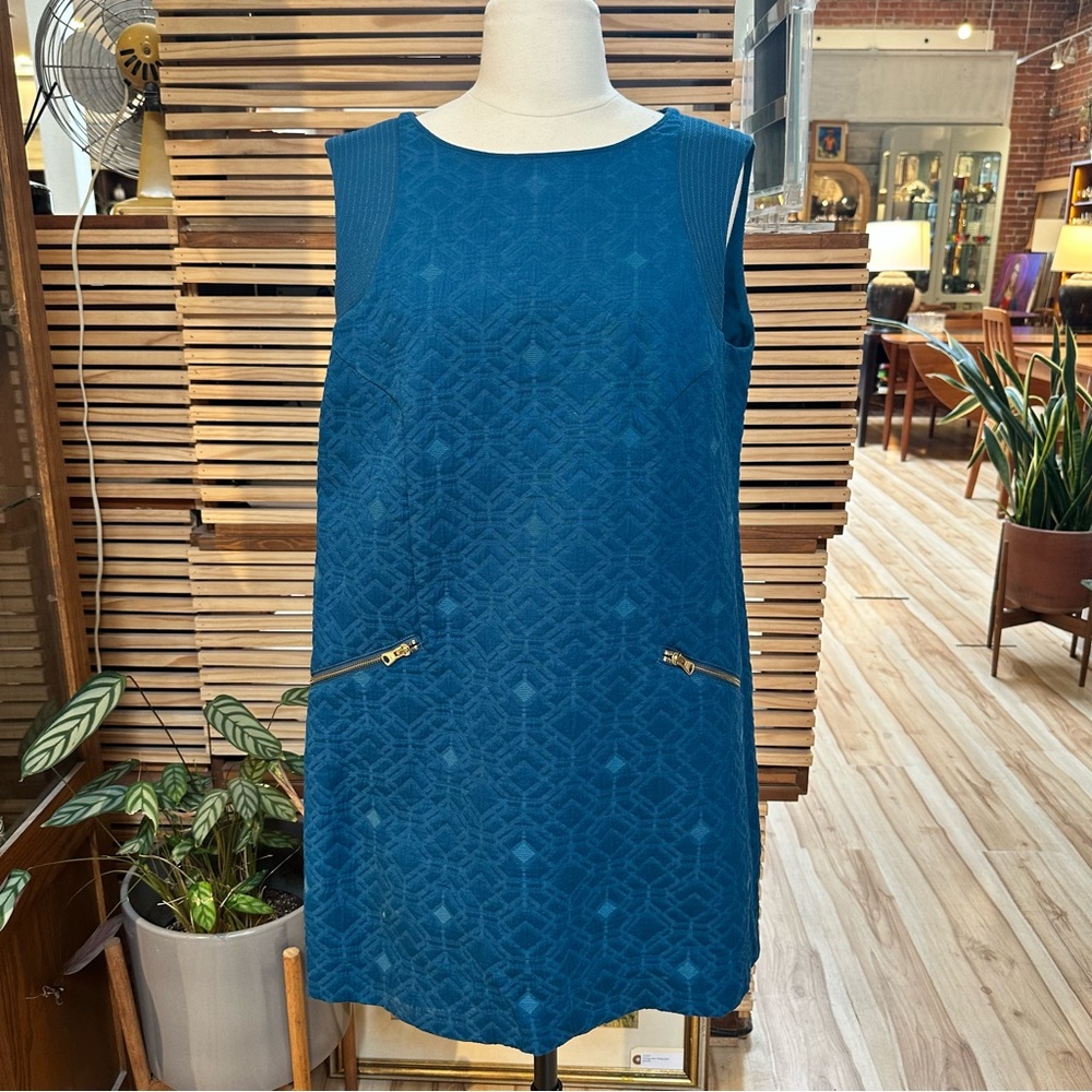 J. Crew Peacock Blue Jacquard Mod Shift Dress, Size PL